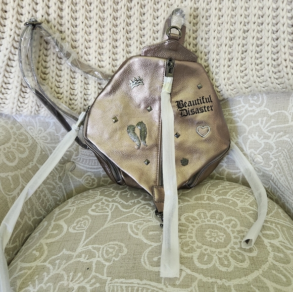 Beautiful Disaster Mini Angel Backpack Bag Purse Pewter Metallic Edgy Punk NWT - Picture 3 of 16